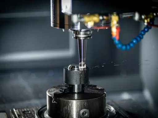 Precyzyjna obróbka metalu na maszynie CNC. Wiertło precyzyjnie pracuje nad elementem, a chłodziwo rozpryskuje się wokół. Sztywne osie maszyny gwarantują dokładność.