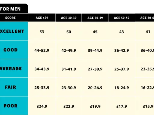 Tabela vo2max dla mężczyzn, pokazująca oceny od "POOR" do "EXCELLENT" w zależności od wieku i wyniku.