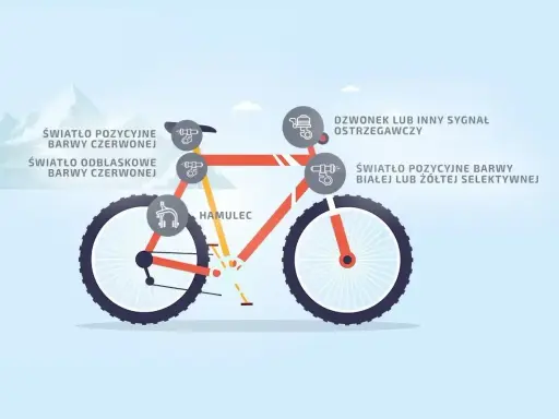 Ilustracja roweru z oznaczeniami: światło pozycyjne czerwone, światło odblaskowe czerwone, hamulec, dzwonek, światło pozycyjne białe/żółte. Odblaskowe światło w rowerze nie może mieć kształtu.