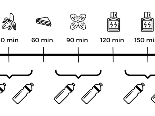 Plan co jeść na rowerze: banan po 30 min, kanapka po 60 min, daktyle po 90 min, napój po 120 i 150 min.