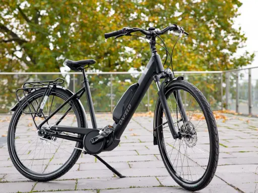 Czarny rower elektryczny Oxfeld z bagażnikiem, gotowy na jesienne przejażdżki po parku.
