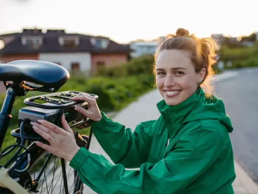 Uśmiechnięta kobieta przy rowerze elektrycznym, który może być objęty dofinansowaniem.