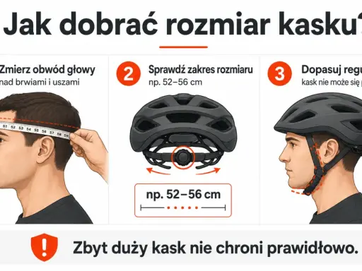 Jak dobrać kask rowerowy? Zmierz obwód głowy, sprawdź zakres rozmiaru i dopasuj regulację. Kask nie może się przesuwać.