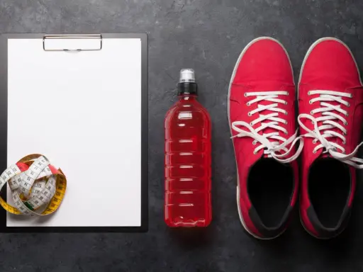 Tabela węglowodanów w produktach, miarka krawiecka, czerwony napój izotoniczny i buty sportowe.