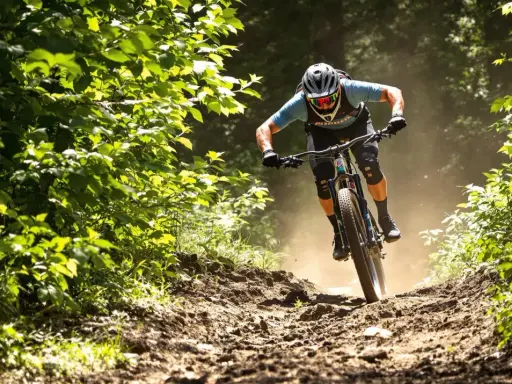 Kolarz MTB w pełnym skupieniu, z zachowaniem prawidłowej pozycji na rowerze, zjeżdża po kamienistym szlaku, wzbijając tumany kurzu.