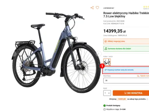 Błękitny rower elektryczny Haibike Trekking 7.5 Low. Pomoc w wyborze, jaki rower dla mężczyzny 180 cm wzrostu, znajduje się w opcji "Dopasuj rozmiar ramy do wzrostu".