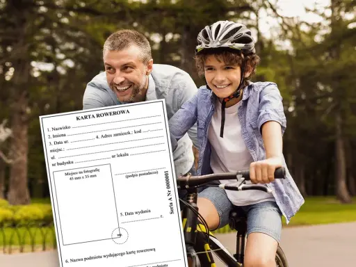 Ojciec i syn na rowerach, z dokumentem "Karta Rowerowa". Dzięki niej można jeździć na rowerze.