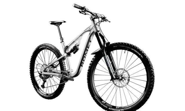 Srebrny rower górski full-suspension, model Dagger 2.0, z oponami Michelin Wild Enduro. Idealny do jazdy po trudnym terenie, czyli właśnie mtb co to.