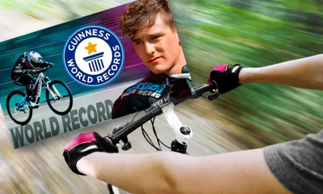Kolarz w rękawiczkach ściga się na rowerze, celując w rekord prędkości na rowerze, z logo Guinness World Records.