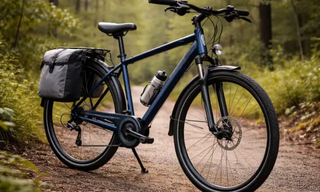 Ciemnoniebieski rower trekkingowy z sakwami i bidonem na leśnej ścieżce. Idealny na wyprawy.