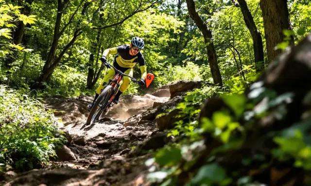 Rowerzysta MTB zjeżdża po kamienistym szlaku. Trudno określić jaka średnia prędkość na rowerze mtb, ale na pewno jest wysoka!