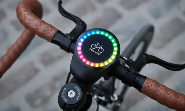 Nowy, okrągły wyświetlacz na kierownicy roweru z tęczowym podświetleniem i napisem "Let's ride!". Idealny do pomiaru prędkości, dystansu i innych parametrów, jak sigma rozmiar koła.