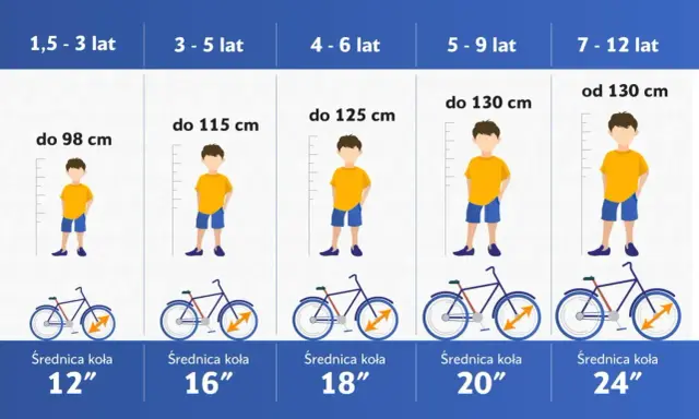 Tabela podpowiada, jak dopasować rower do wzrostu dziecka, od 1,5 do 12 lat, z podziałem na wiek i wzrost.