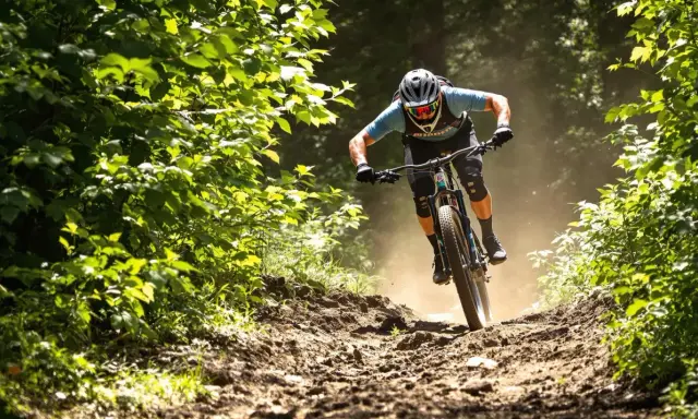 Kolarz MTB w pełnym skupieniu, z zachowaniem prawidłowej pozycji na rowerze, zjeżdża po kamienistym szlaku, wzbijając tumany kurzu.