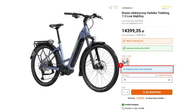 Błękitny rower elektryczny Haibike Trekking 7.5 Low. Pomoc w wyborze, jaki rower dla mężczyzny 180 cm wzrostu, znajduje się w opcji "Dopasuj rozmiar ramy do wzrostu".