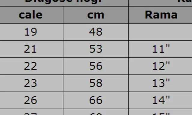 Tabela rozmiarów: rama 13 cali na jaki wzrost? Długość nogi w cm: 58, w calach: 23.