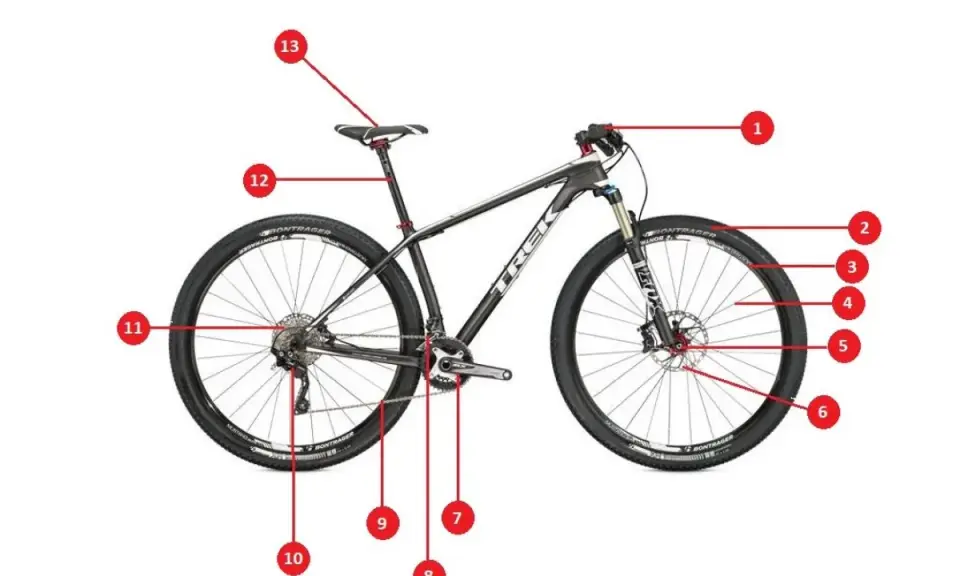 Schemat roweru z oznaczeniami części rowerowych: kierownica (1), widelec (2), obręcz (3), tarcza hamulcowa (4), piasta (5), zacisk (6), korba (7), pedał (8), przerzutka tylna (9), kaseta (10), tylne koło (11), sztyca (12), siodełko (13).