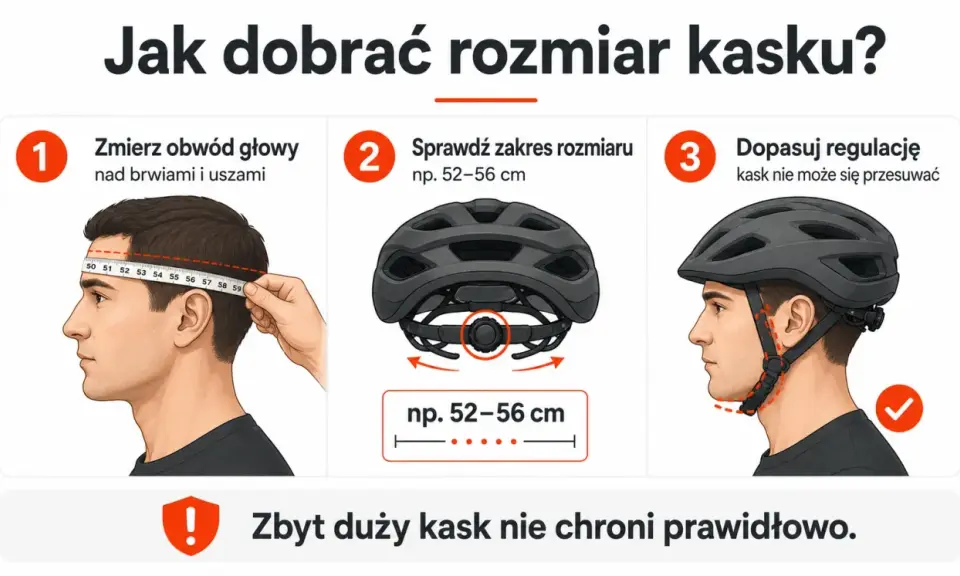 Jak dobrać kask rowerowy? Zmierz obwód głowy, sprawdź zakres rozmiaru i dopasuj regulację. Kask nie może się przesuwać.