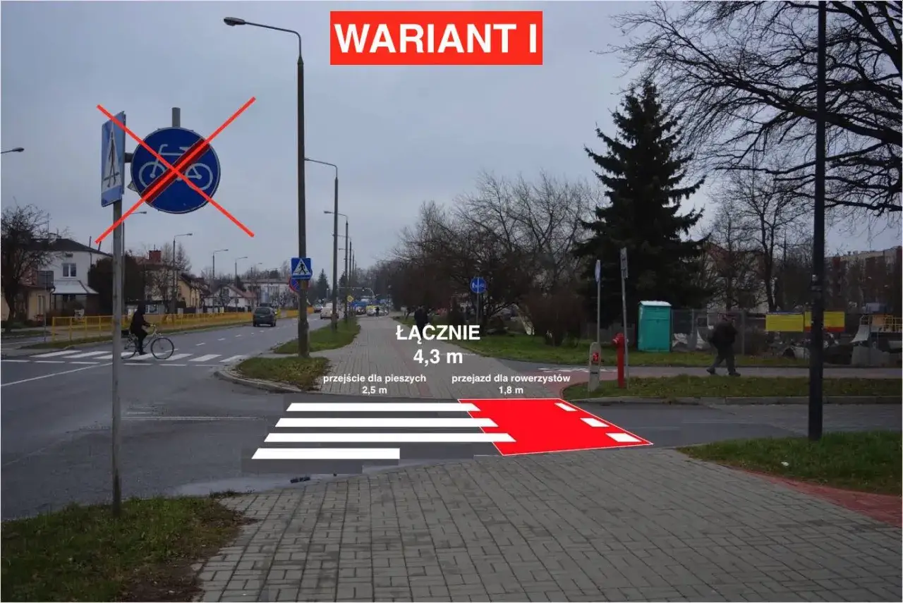 Przejście dla pieszych i rowerzystów. Znak zakazu ruchu rowerowego przekreślony, więc rowerzysta ma pierwszeństwo na przejeździe.