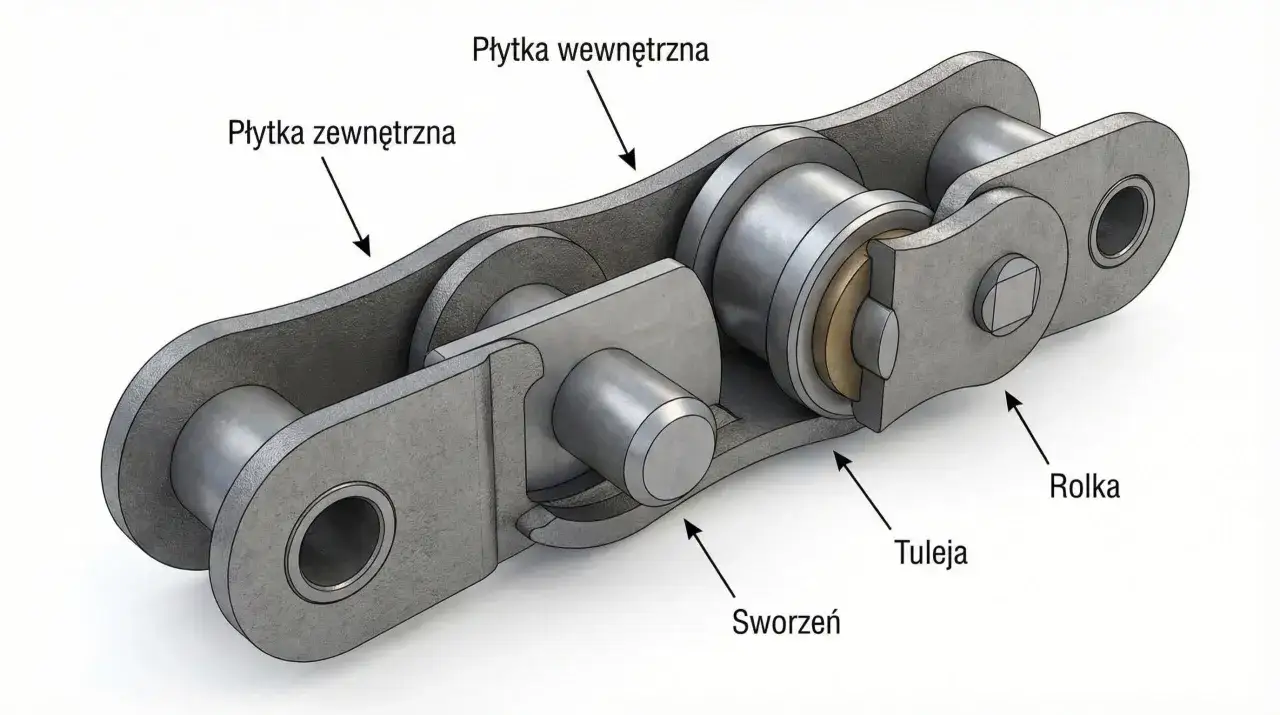 Przekrój jednego ogniwa łańcucha z widocznymi płytkami, rolką, tuleją i sworzniem.