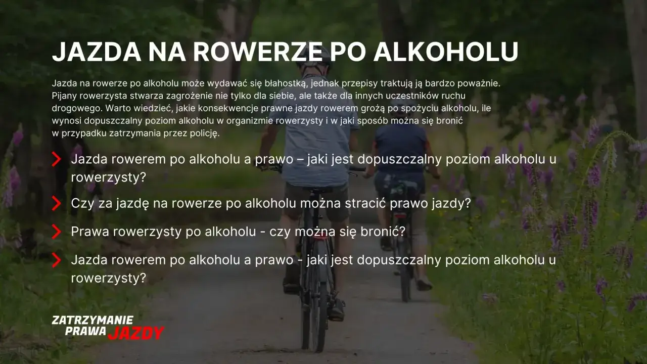 Dwie osoby jadące rowerami po ścieżce, z tekstem informującym o zagrożeniach związanych z kierowaniem rowerem w stanie nietrzeźwości.