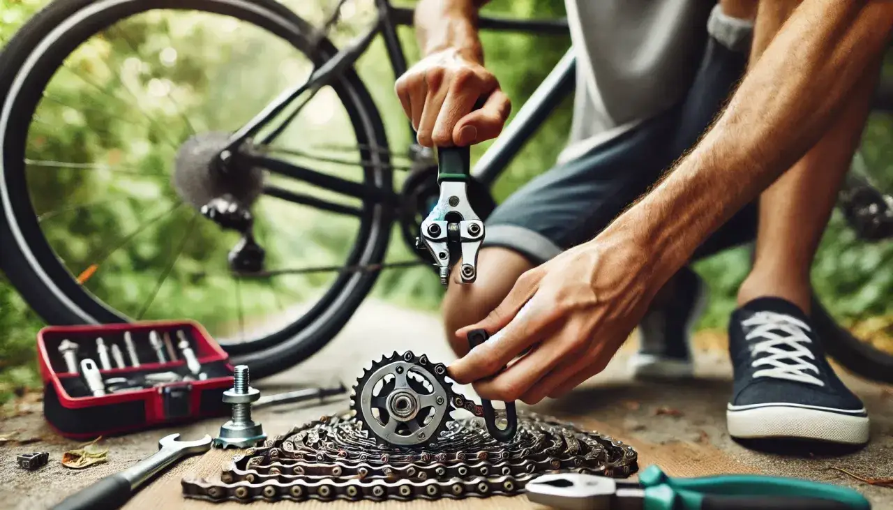 Rowerzysta używa narzędzia, by pokazać, jak rozpiąć łańcuch rowerowy bez spinki. Obok leżą narzędzia i części.