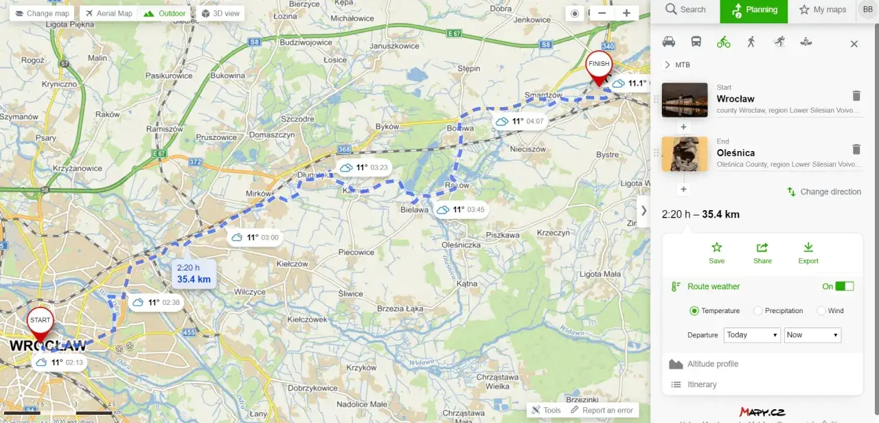 Trasa rowerowa z Wrocławia do Oleśnicy, 35,4 km, 2:20h. Planowanie portale rowerowe na mapie.