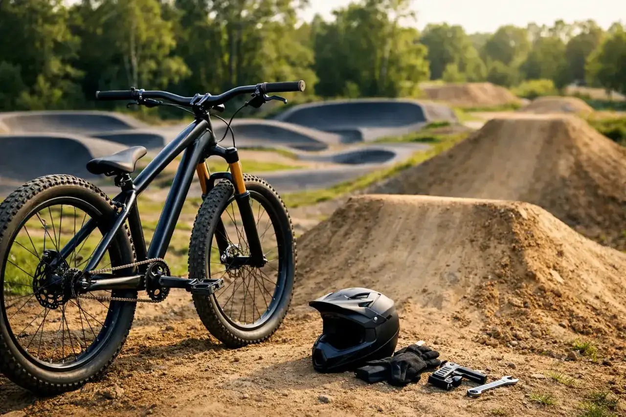 Czarny rower typu dirt jump, kask i rękawice czekają na przygodę na torze z muldami.
