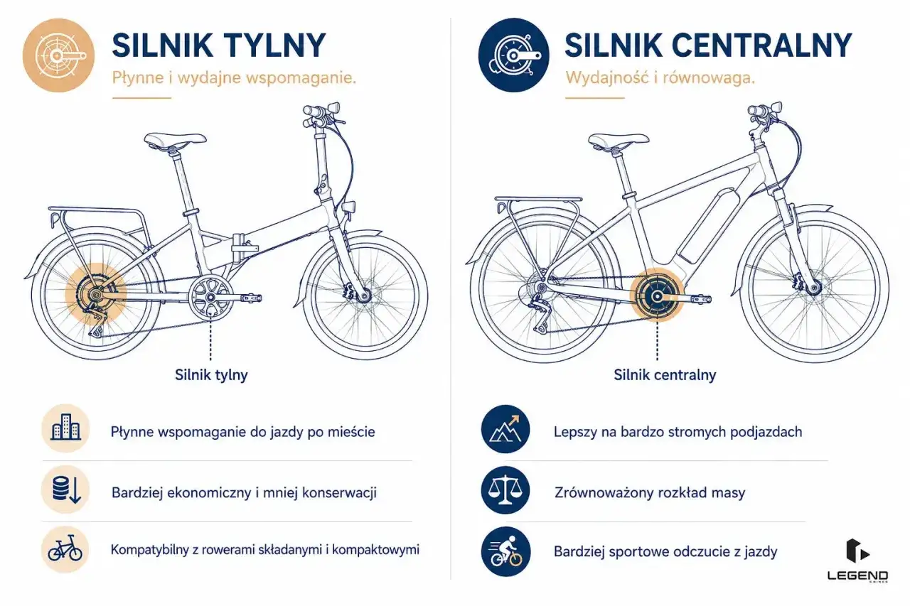 Porównanie: jaki silnik do roweru elektrycznego? Silnik tylny zapewnia płynne wspomaganie, centralny – wydajność i równowagę.