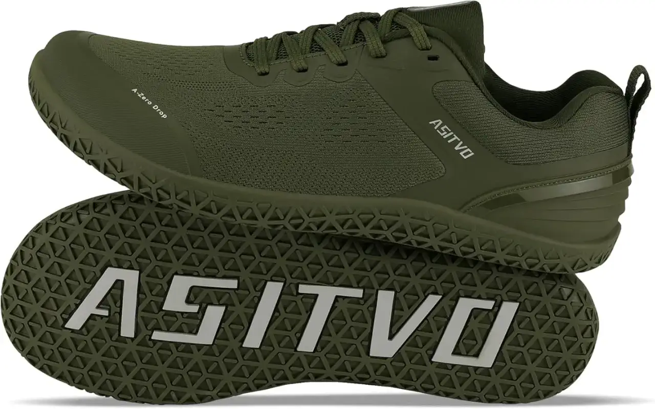 Zielone buty sportowe ASITVO z niskim dropem. Idealne, jakie buty na siłownię dla osób ceniących stabilność i przyczepność.
