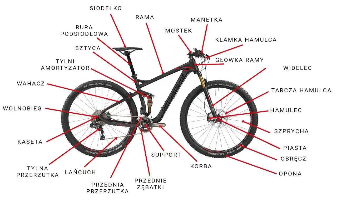 Schemat budowy roweru górskiego z oznaczeniami: rama, widelec, amortyzator, hamulce, przerzutki, koła i inne części.