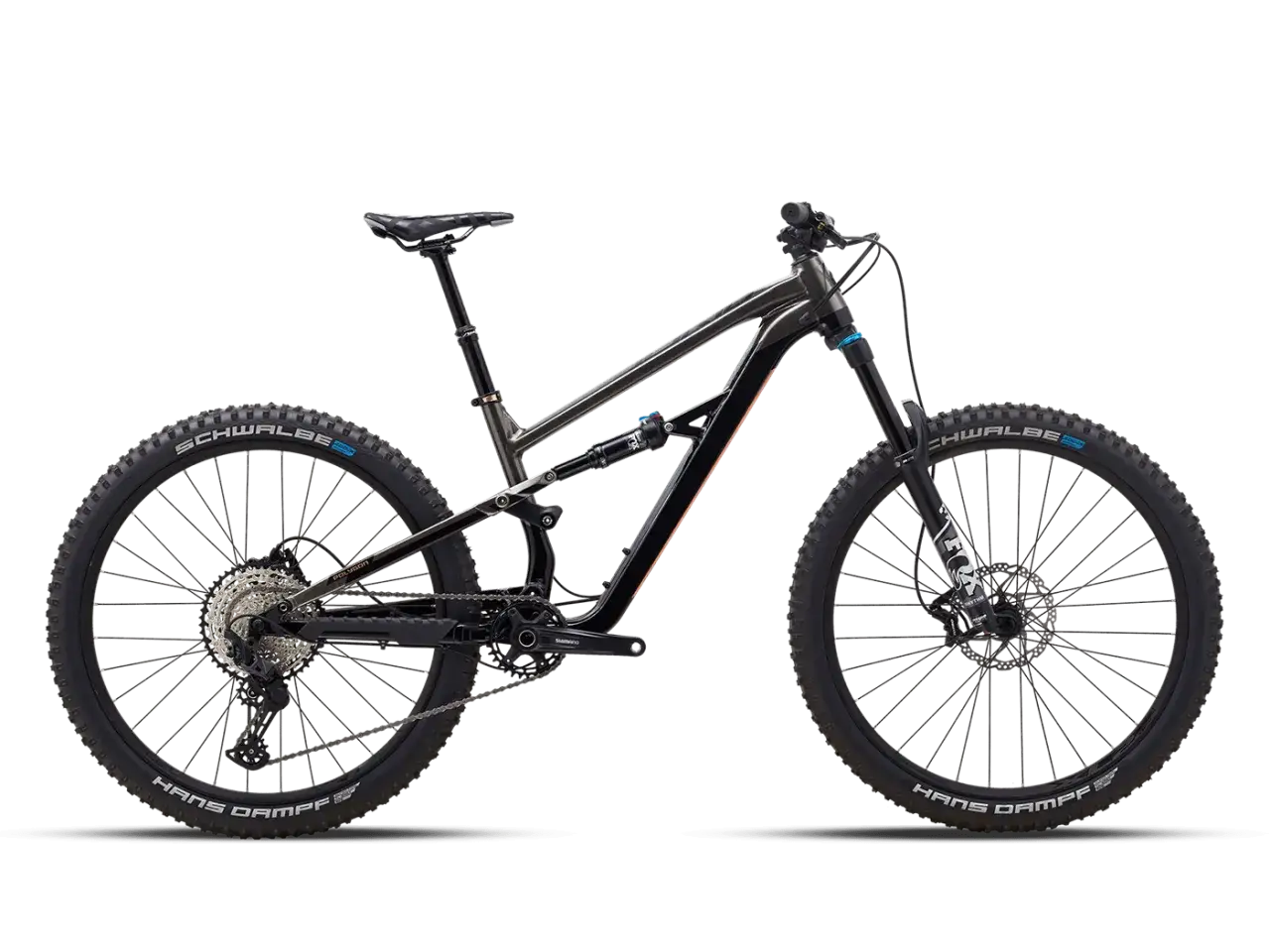 Rower górski Polygon Siskiu T8 z pełnym zawieszeniem, czarną ramą, amortyzatorem Fox i oponami Schwalbe Hans Dampf.
