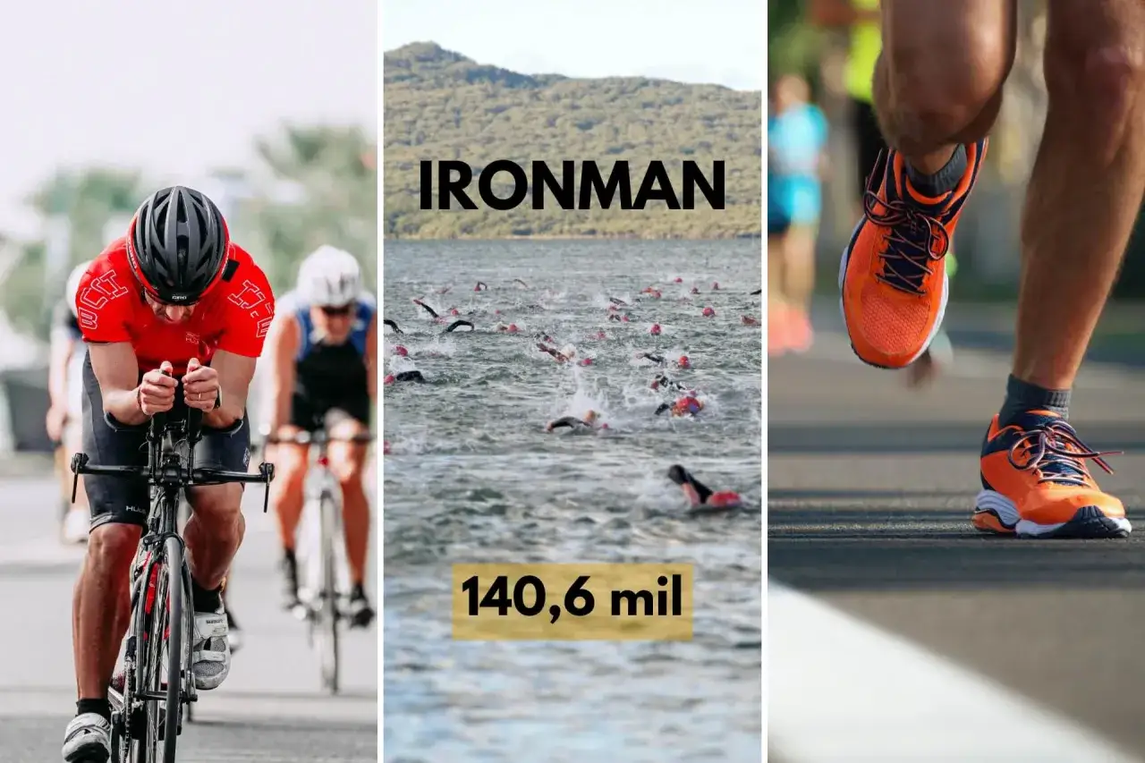Triathlon co to? Kolarz, pływacy w wodzie i biegacz pokazują trzy etapy tego wyzwania.
