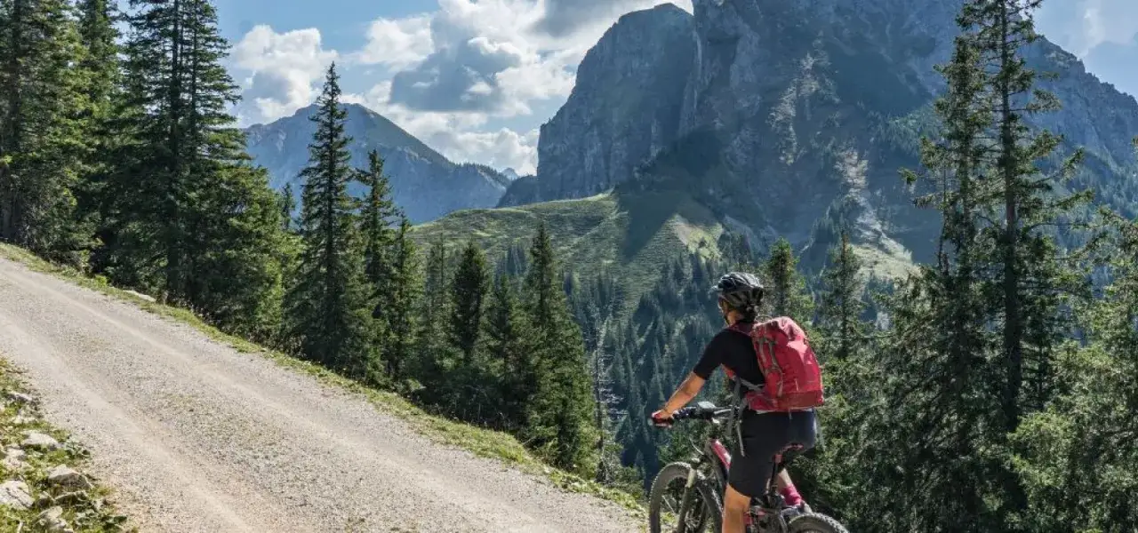 Kobieta na rowerze z plecakiem wspina się po górskiej drodze. Przed nią rozciąga się malowniczy krajobraz z lasem i szczytami. Dziś czeka ją 30 km na rowerze.