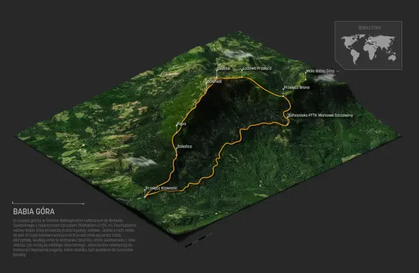 Trójwymiarowa mapa szlaku turystycznego na Babiej Górze z zaznaczonymi szczytami i przełęczami.